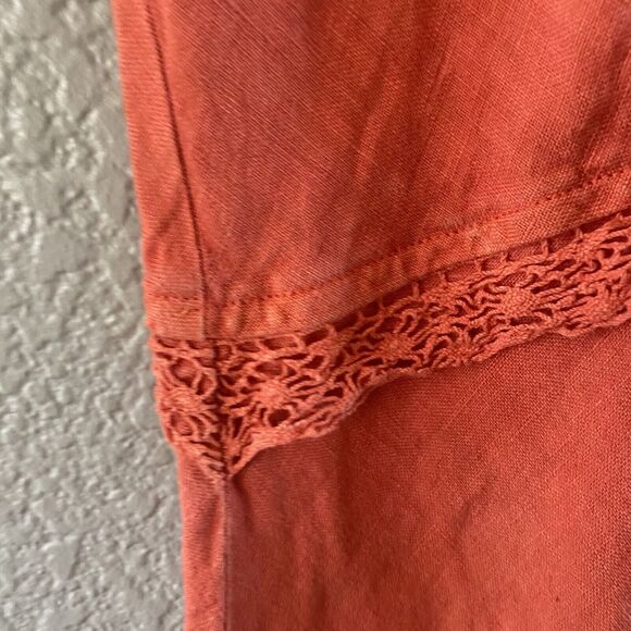 Cut Loose Dress Womens Small Orange Linen A-Line Midi V-Neck Lagenlook Crochet - Picture 3 of 9